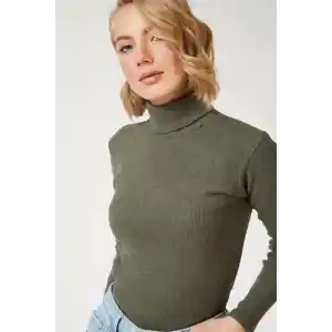 Kadın Kaşkorse Boğazlı Full Likralı Fitilli Body Kazak - Haki