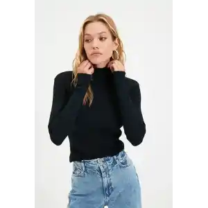 Kadın Kaşkorse Boğazlı Full Likralı Fitilli Body Kazak - Siyah