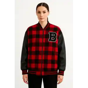 Kadın Kolej Ceket – Kareli Oduncu Kumaş, Kolları Suni Deri, Fermuarlı, İçi Kapitone Astarlı, Nakışlı Oversize Bahar & Kış Stil - Bordo