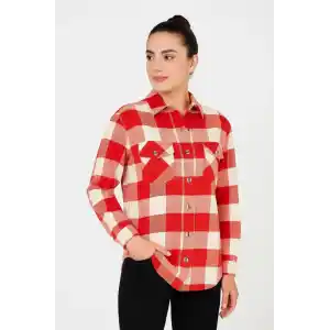 Kadın Oduncu Gömlek – Uzun Kollu, Şardonlu Kumaş, Kırmızı Beyaz Kareli Desen, Regular Fit, Çift Cepli, Manşetli Günlük Şık Stil - Bordo