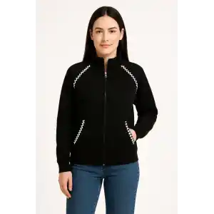 Kadın Oversize Dik Yaka Fermuarlı Sweatshirt - Zincir Nakışli Kanguru Cepli, - Siyah