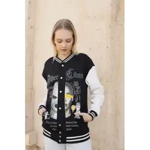 Kadın Oversize Kolej Tarzı Sweatshirt – 3 İplik İçi Pamuklu, Baskılı, Rahat Günlük Ceket - Siyah