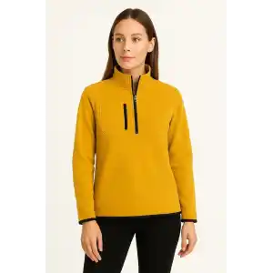 Kadın Polar Kazak – Dik Yaka, Yarım Fermuarlı, Fermuarlı Göğüs Cepli, Siyah Biyeli, Kışlık Rahat Regular Fit Günlük Model - Sarı