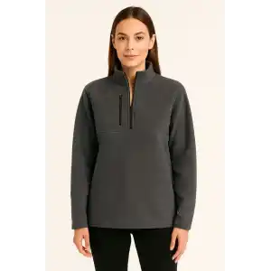 Kadın Polar Kazak – Dik Yaka, Yarım Fermuarlı, Fermuarlı Göğüs Cepli, Siyah Biyeli, Kışlık Rahat Regular Fit Günlük Model - Füme