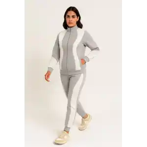 Kadın Premium Parçalı Eşofman Takım - Dik Yaka Fermuarlı Sweatshirt - Gri