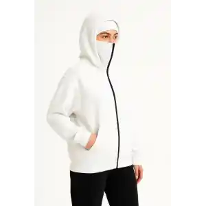 Kadın Samuray Ninja Çift Kapüşonlu Maske Detaylı Fermuarlı Kanguru Cepli Hoodie - Beyaz