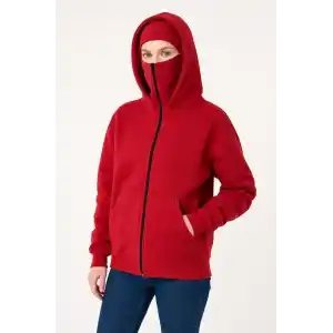 Kadın Samuray Ninja Çift Kapüşonlu Maske Detaylı Fermuarlı Kanguru Cepli Hoodie - Kırmızı