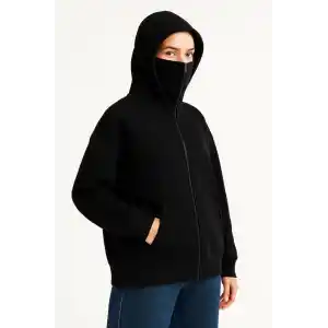 Kadın Samuray Ninja Çift Kapüşonlu Maske Detaylı Fermuarlı Kanguru Cepli Hoodie - Siyah