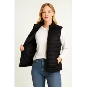 Kadın Şişme Fermuarlı Yelek Su itici Kapitone Astarlı Kumaş Cepli Hafif Kışlık Spor Rahat Kalıp - Siyah