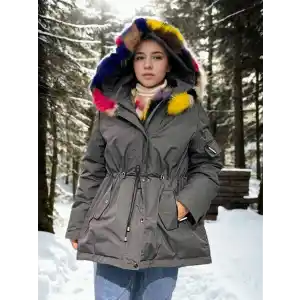 Kadın Su Geçirmez Kapüşonlu Mont - Füme