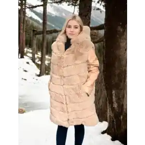 Kadın Suni Kürk Hakiki Deri - Somon