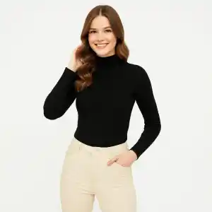 Kadın Tam Boğazlı Fitilli Likrali Koşkorse Badi - Siyah