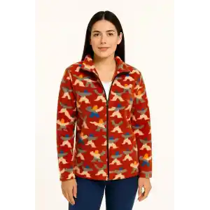 Kadın Tam Fermuarlı Desenli Polar Sweat – Siyah Multicolor Figür Desen Yakalı, Uzun Kollu, Oversize Rahat Kalıp - Kiremit