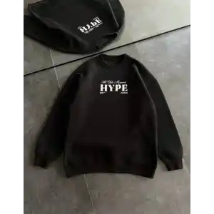 Kadın Üç İplik Bisiklet Yaka Baskılı SweatShirt - Siyah