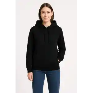 Kadın Üç İplik Kapüşonlu Kanguru Cepli Sweatshirt hoodie - Siyah