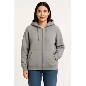 Kadın Üç İplik Kapüşonlu Tam Fermuarlı Kanguru Çepli SweatShirt Hoodie - Gri