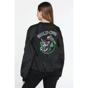 Kadın Wild One Baskılı Bomber Mont – Siyah Renk, Oversize Rahat Kalıp, Fermuarlı, Cepli, Günlük Şık Kapitone Mont - Siyah