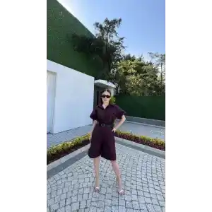 Kadın Yakalı Gömlek Kemerli Şortlu Takım - Bordo