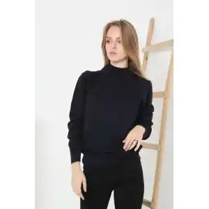 Kadın Yarım Boğaz Triko Kazak yumuşak dokulu Pamuklu ince Dokuma, uzun kollu Rahat Regular kalıp - Siyah