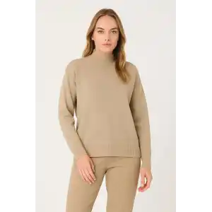 Kadın Yarım Boğaz Triko Kazak yumuşak dokulu Pamuklu ince Dokuma, uzun kollu Rahat Regular kalıp - Bej