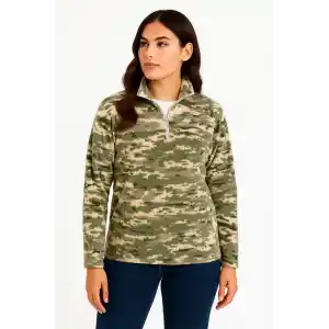 Kadın Yarım Fermuarlı Desenli Polar Sweat – Haki Kamuflaj Yakalı, Uzun Kollu, Oversize Rahat Kalıp - Haki