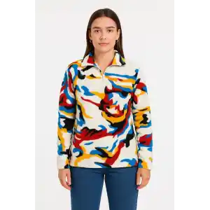 Kadın Yarım Fermuarlı Desenli Polar Sweat – Renkli Abstract Desen Yakalı, Uzun Kollu, Oversize Rahat Kalıp - Beyaz