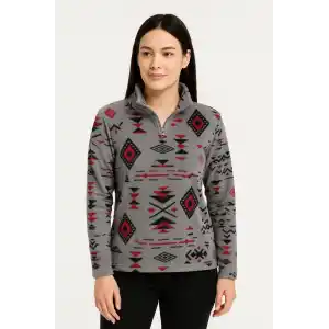 Kadın Yarım Fermuarlı Desenli Polar Sweat Tribal Etnik Desen Yakalı, Uzun Kollu, Oversize Rahat Kalıp - Füme