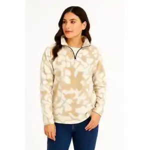 KADIN Yarım Fermuarlı Desenli Polar Sweat Yakalı, Uzun Kollu, Oversize Rahat Kalıp - Bej