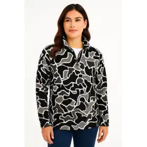 KADIN Yarım Fermuarlı Desenli Polar Sweat Yakalı, Uzun Kollu, Oversize Rahat Kalıp - Siyah