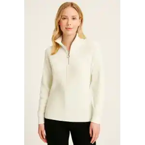 KADIN Yarım Fermuarlı Triko Kazak – Selanik Örgü, Dik Yaka, Pamuklu Dokuma, Oversize Uzun Kollu Kışlık Model - Beyaz