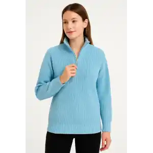 KADIN Yarım Fermuarlı Triko Kazak – Selanik Örgü, Dik Yaka, Pamuklu Dokuma, Oversize Uzun Kollu Kışlık Model - Bebe Mavisi