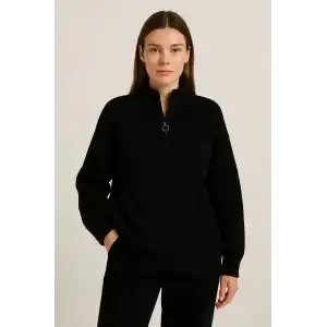 KADIN Yarım Fermuarlı Triko Kazak – Selanik Örgü, Dik Yaka, Pamuklu Dokuma, Oversize Uzun Kollu Kışlık Model - Siyah