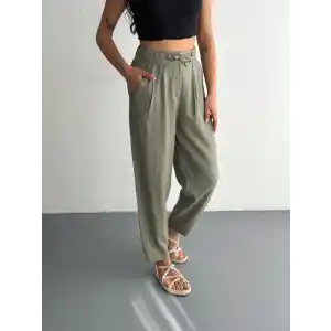 Kadın Yüksel Bel Beli Bağcıklı Cepli Rahat Paça Pantalon - Su Yeşili