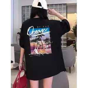 Kadınlar İçin Geniş Kesim Tişört - Kısa Kollu, Bol Kesim, Manzaralı Okyanus Baskı, Günlük Yazlık Üst, Siyah- Siyah