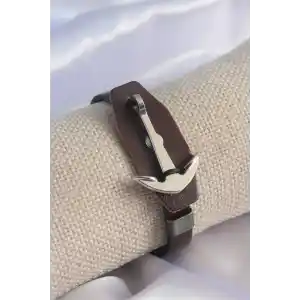Kahverengi Deri Model Gümüş Renk Çapa Figür Erkek Bileklik