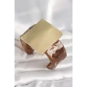Kahverengi Mermer Desen Akrilik Plastik Gold Kare Plaka Model Vintage Kadın Bilezik