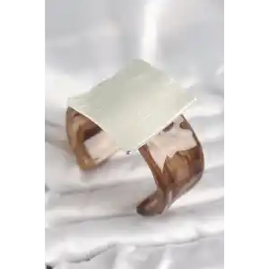 Kahverengi Mermer Desen Akrilik Plastik Gümüş Kare Plaka Model Vintage Kadın Bilezik