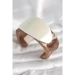 Kahverengi Mermer Desen Akrilik Plastik Gümüş Oval Plaka Model Vintage Kadın Bilezik