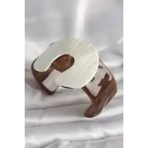 Kahverengi Mermer Desen Akrilik Plastik Gümüş Plaka Model Vintage Kadın Bilezik