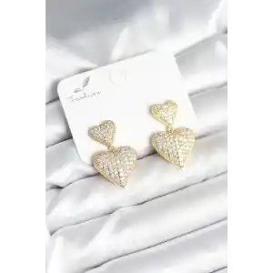 Kalp Model Zirkon Taşlı Gold Renk Pirinç Kadın Küpe