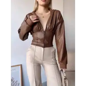 Kapşonlu yarım fermuarlı ceket kahve h24116