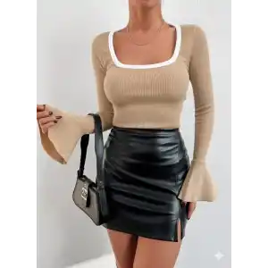 Kare yaka garni detay ispanyol kol bluz bej a3105