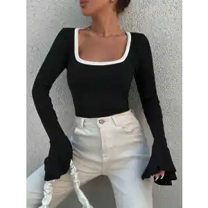 Kare yaka garni detay ispanyol kol bluz siyah a3105