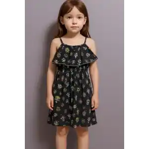 Karikatür baskılı askılı kız çocuk elbisesi lacivert