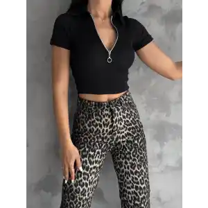 kaşkorse yaka fermuarlı bluz siyah