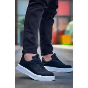 KB-006 Kuback Siyah Cilt Yüksek Taban Bağcıklı Günlük Erkek Ayakkabı