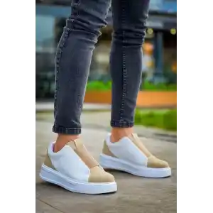 KB-007  Kuback  Beyaz Bej Yüksek Taban Tek Bant Bağcıksız Günlük Erkek Ayakkabı