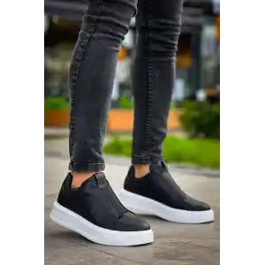 KB-007  Kuback Siyah Beyaz Yüksek Taban Tek Bant Bağcıksız Günlük Erkek Ayakkabı