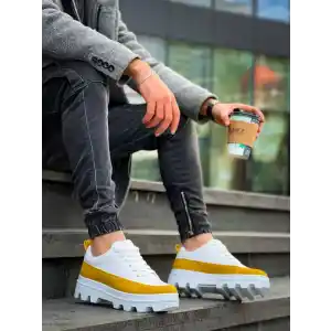 KB-056 Kuback Beyaz Sarı Detaylı Beyaz Yüksek Taban Günlük Spor Ayakkabı