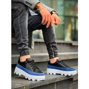 KB-056 Kuback Siyah Mavi Detaylı Beyaz Yüksek Taban Günlük Spor Ayakkabı